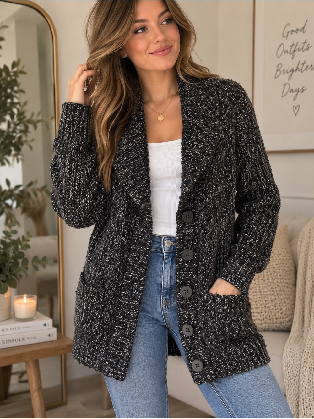 Say What? Chunky Knit Shawl Collar Cardigan Black Gray Women’s S